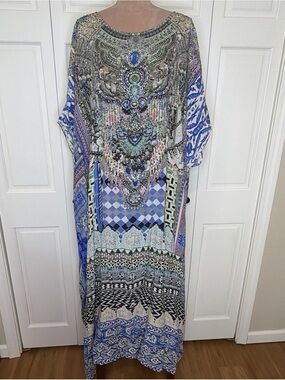 Camilla Women’s Australian Silk Maxi Dress Kaftan Blue Multicolor Beaded Resort